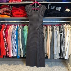 Misope navy/tan striped open back cap sleeve t shirt maxi dress size S